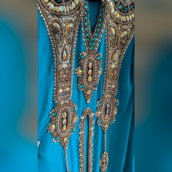 Arabian Party Dress Middle Eastern Blue Teal Turquoise Caftan Embellished beaded - Picture 7 of 12